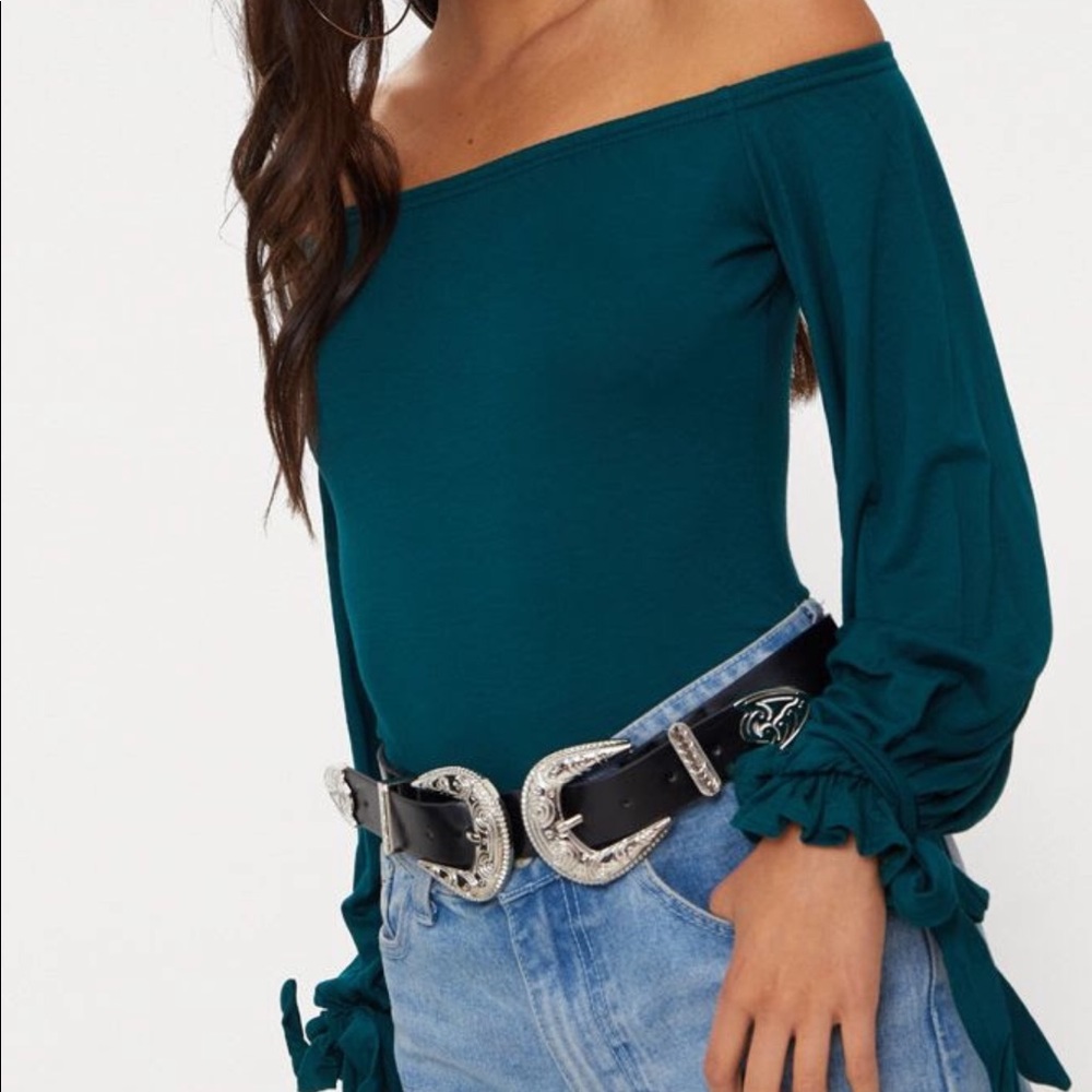 Brand New PLT  Tie Sleeve Bardot Thong Bodysuit